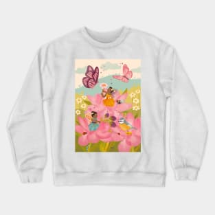 Beautiful Black Flower Fairies playing with their woodland friends Crewneck Sweatshirt